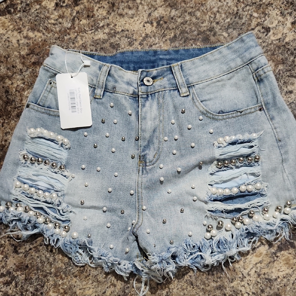 Pearl Embellished Denim Shorts